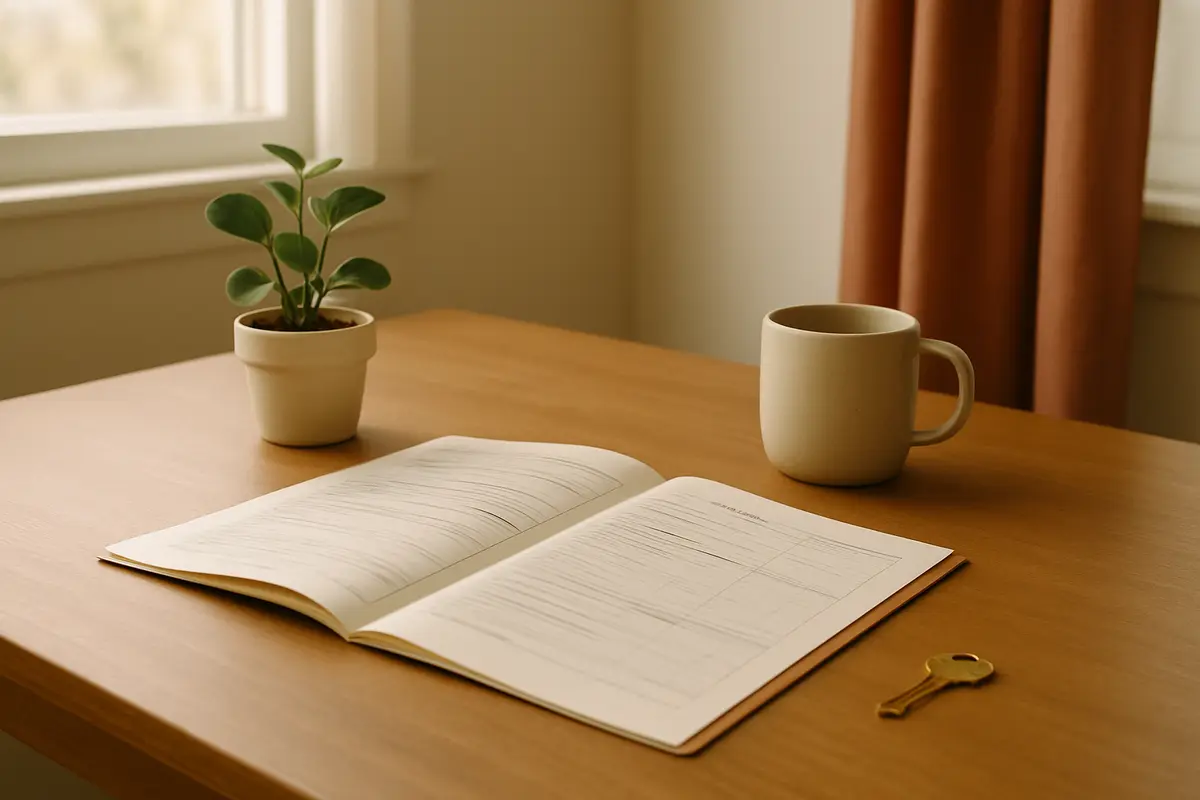An open paper folder of forms on a kitchen table beside a small potted plant, a mug and a brass house key.