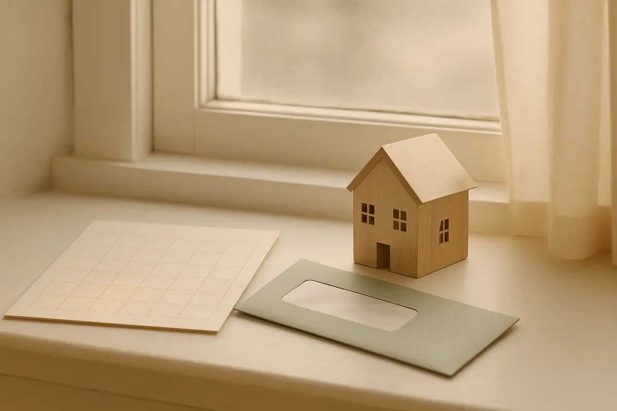 A calendar page and an envelope beside a small light-wood model house on a sunny windowsill.