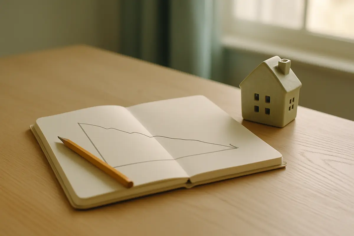An open notebook with a hand-drawn downward line chart, a pencil and a small ceramic house figurine on a white oak kitchen table.